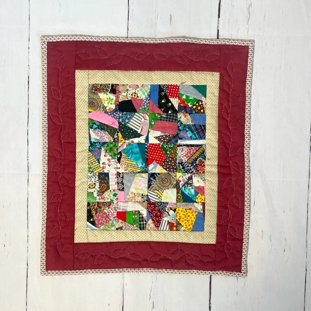 Vintage Handmade Mini Crazy Quilt Wall Hanging Patchwork Table Topper 15.5x14